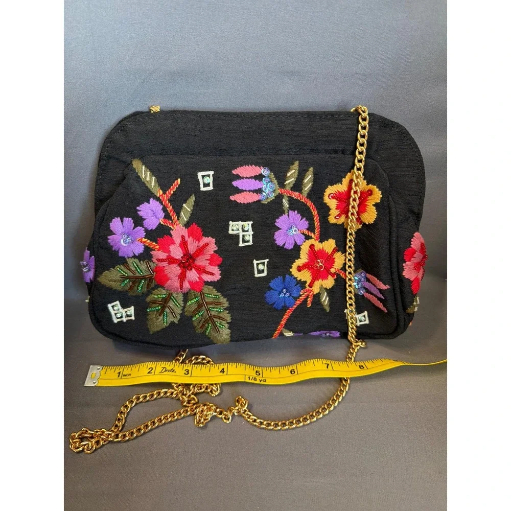 Marco Avane Black Floral Embroidered Beaded Evening Clutch Bag Gold Chain Strap